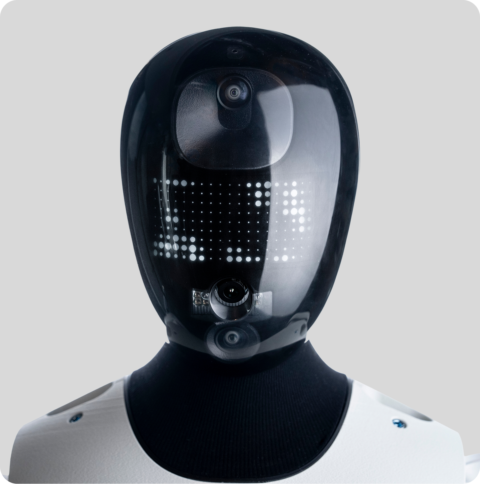 Close-up of Alpha Wheeled robot head with cameras and display