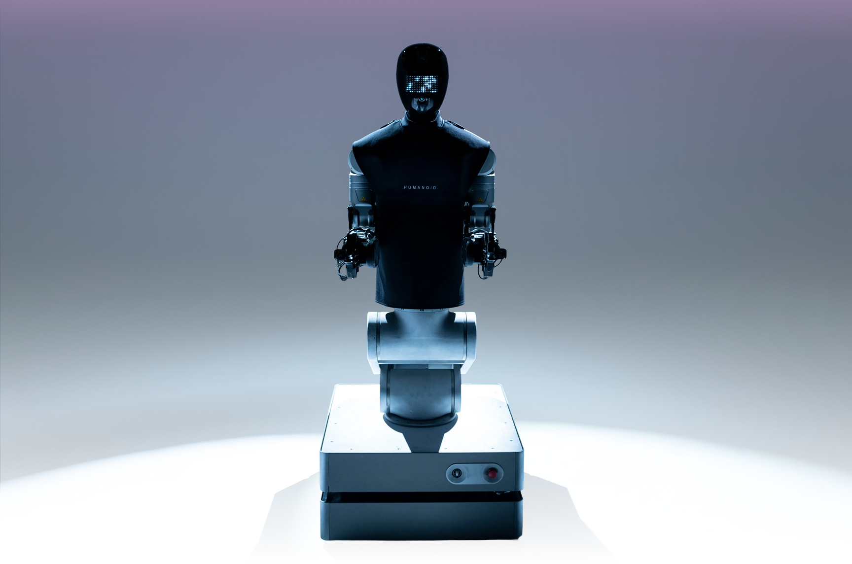 Alpha Wheeled humanoid robot in a dark blue studio
